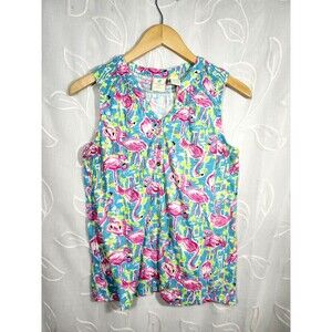 CARIBBEAN JOE top shirt tank Medium blue pink flamingos V-nec